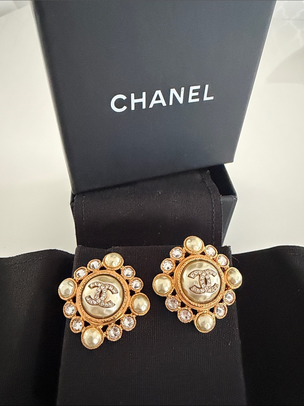 CHANEL 24K Gold Plated Pearl & Crystal CC Earrings